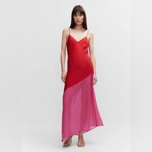 Red Asymmetrical Semi-Sheer Panel Dress - Mango - US 8